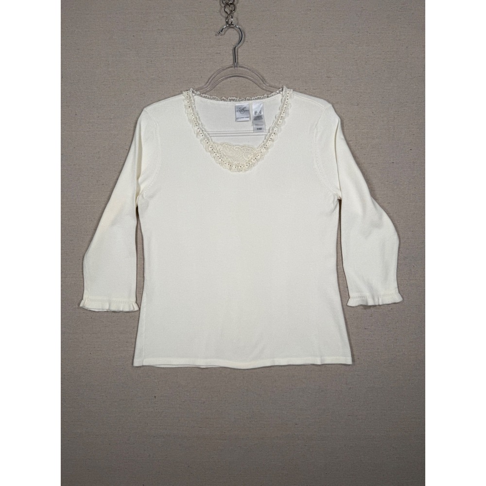 Emma James Liz Claiborne Ivory Lace Trim V-Neck 3/4 Sleeve Knit Top Small